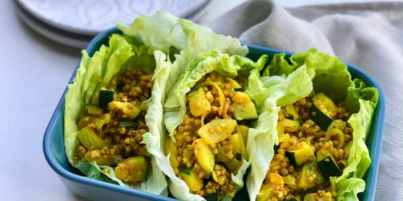 Slaschelpjes met curry boekweit en courgette
